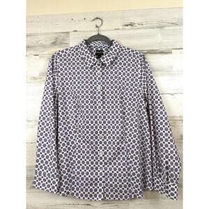 Talbots Womens 16 Petite White Blue Multi Button Up Long Sleeve Casual Blouse